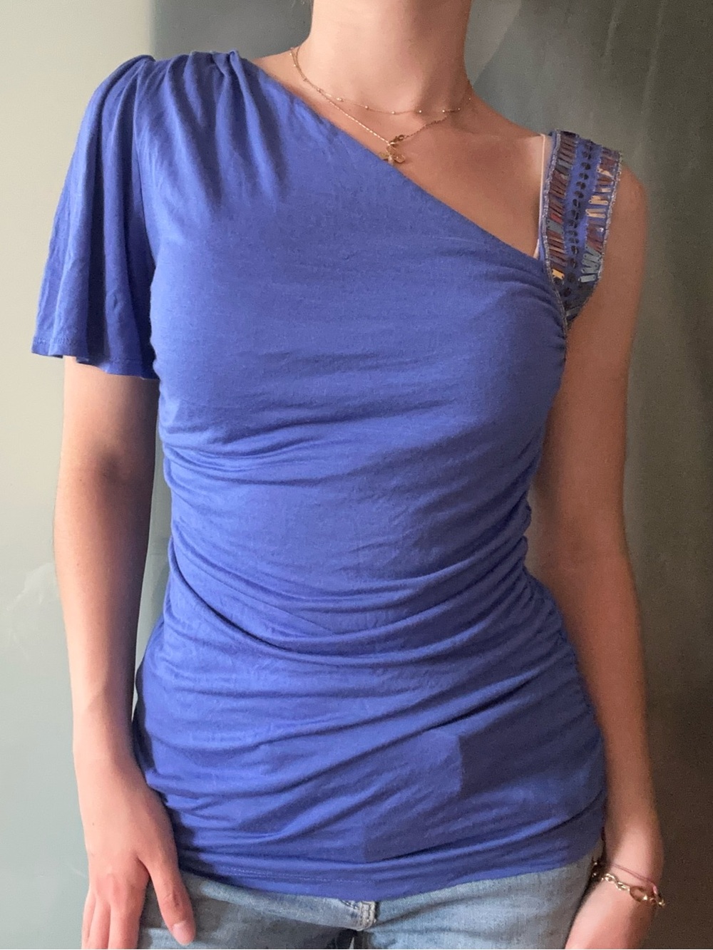 Bebe Blue One Shoulder Embellished Ruched Top Y2K Going Out